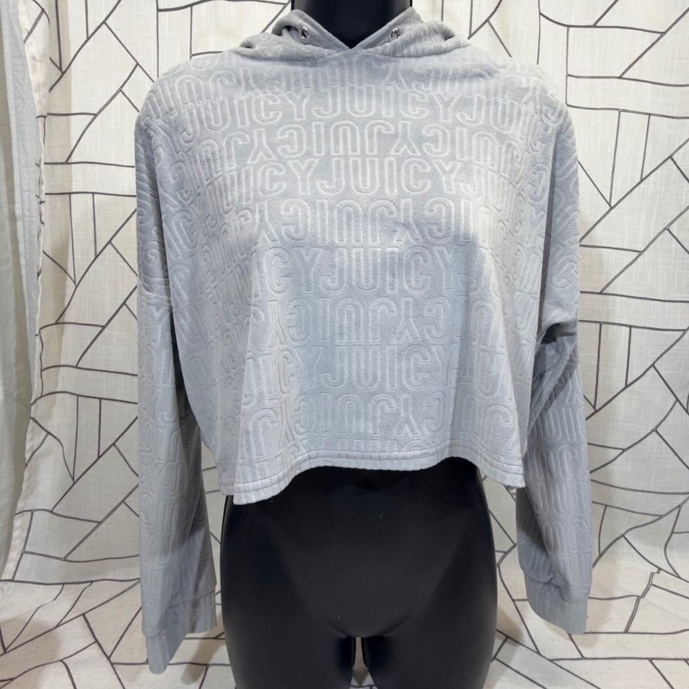Juicy Couture Hoodie Small Gray Velour Embossed Logo Cropped Sleepwear Lounge